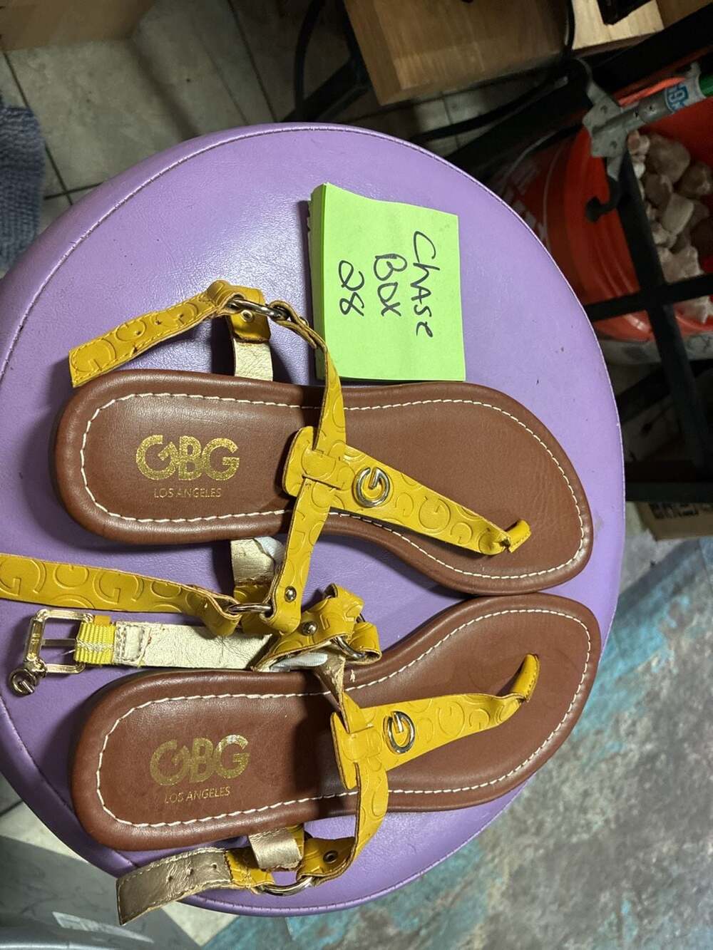 GBG Los Angeles GGLAYSEE-R Yellow Logo T-Strap Flat Sandals